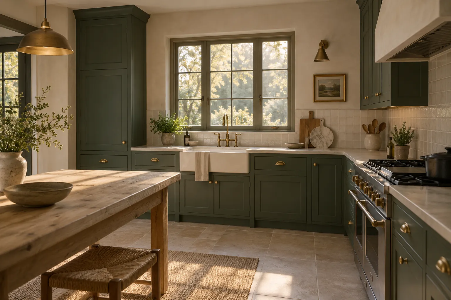 Deep green kitchen cupboards and a wood island in warm window light