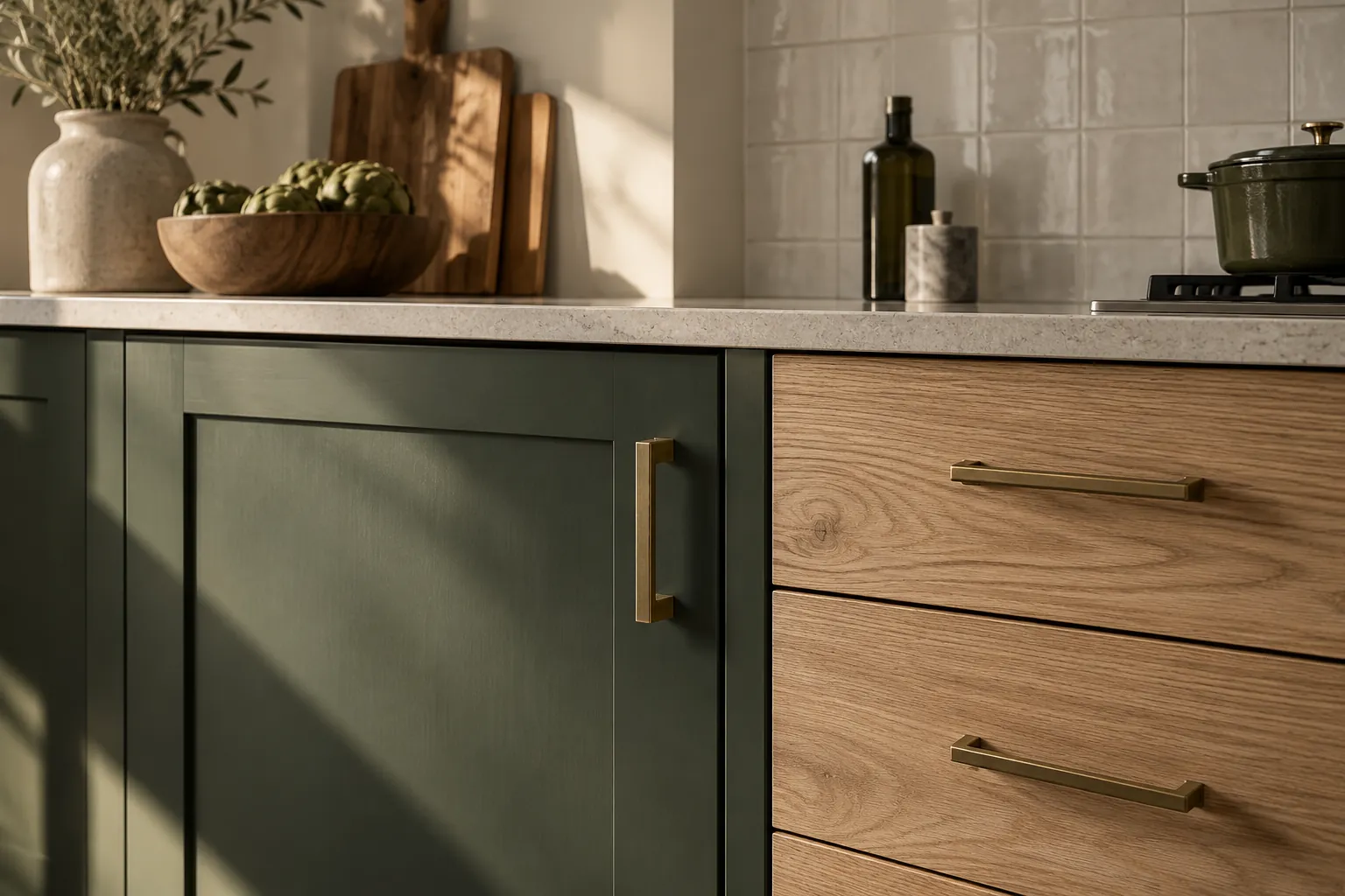 Green and pale wood cabinet fronts with slim brass handles beneath a dark counter