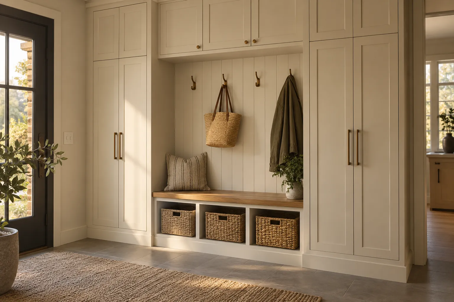 Cream mudroom storage with a bench, baskets, drawers and hanging bags
